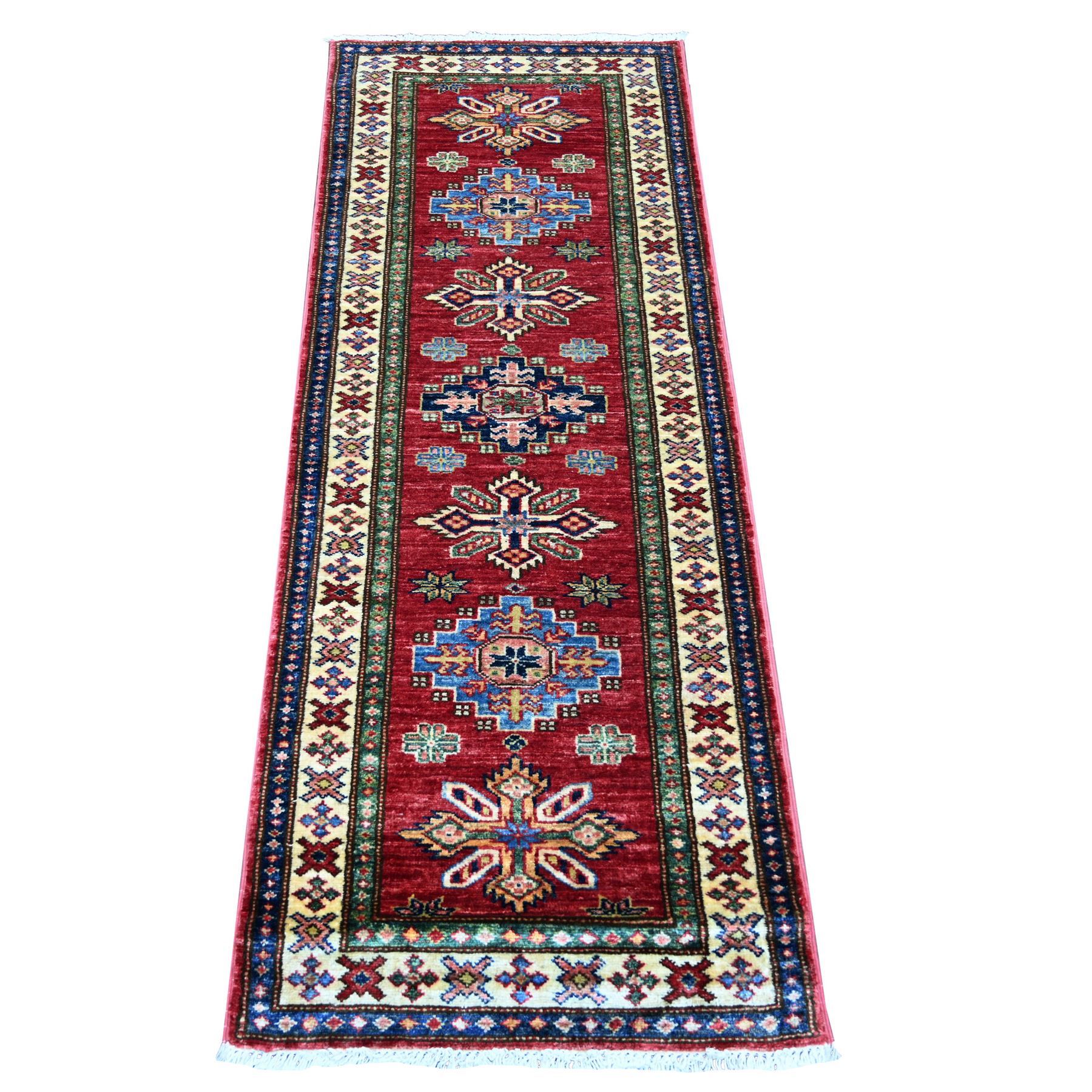 Savvy Red, Afghan Super Kazak with Geometric Medallions Design, Hand Knotted, Pure Wool, Vegetable Dyes, Short & Narrow Runner, Oriental Rug